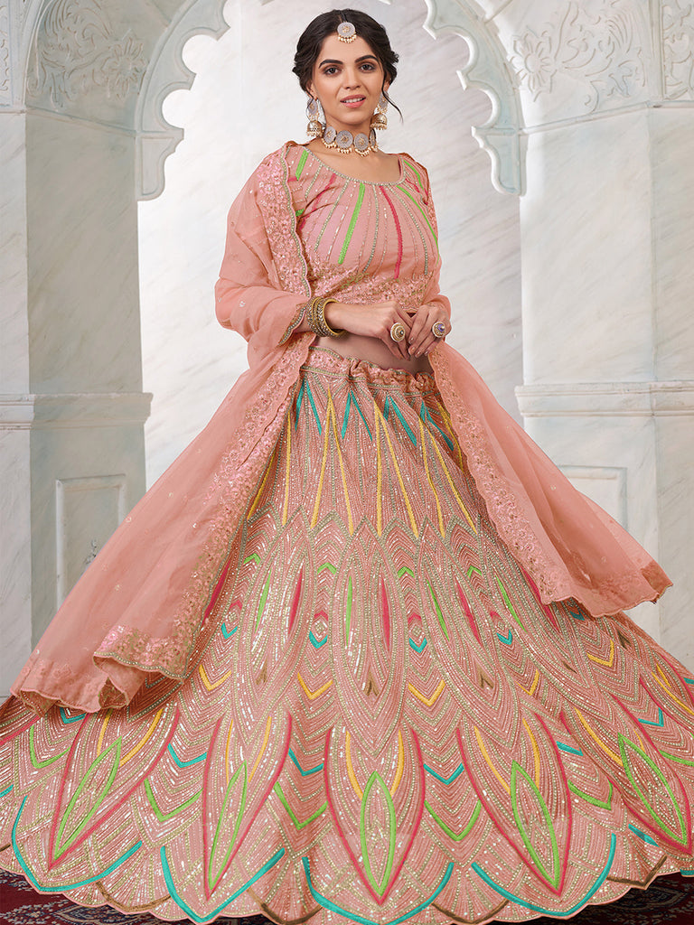 Women's Peach Net Semi stitched Lehenga With Unstitched Blouse Clothsvilla