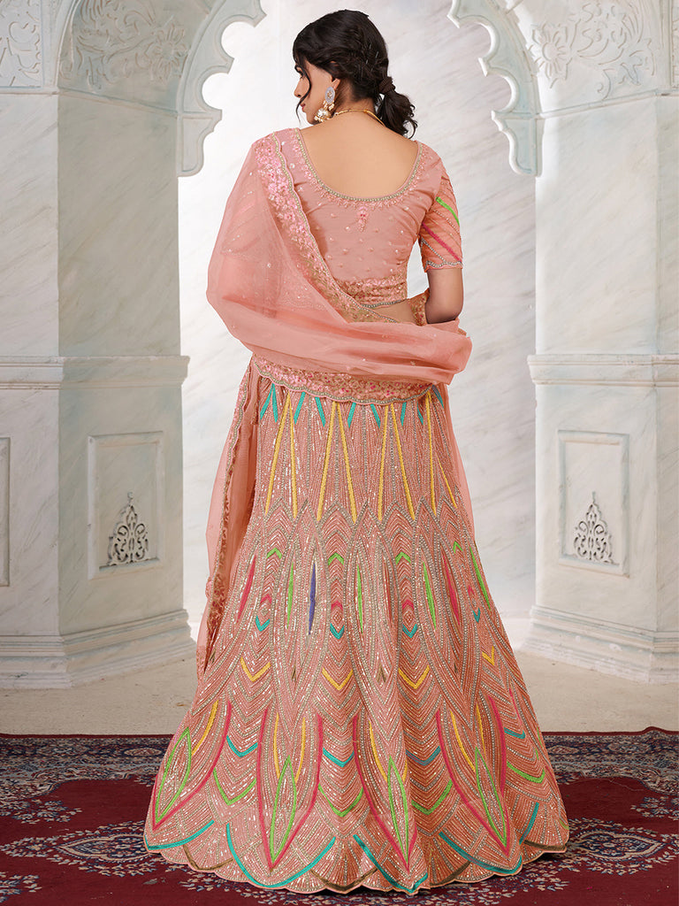 Women's Peach Net Semi stitched Lehenga With Unstitched Blouse Clothsvilla