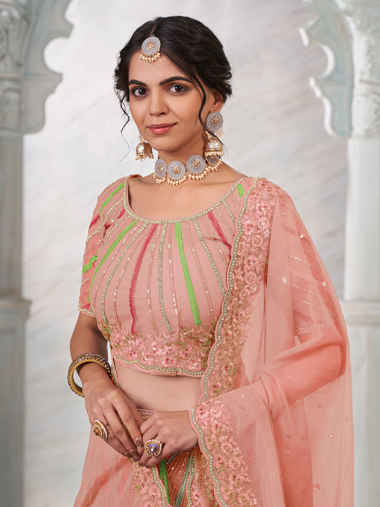 Women's Peach Net Semi stitched Lehenga With Unstitched Blouse Clothsvilla