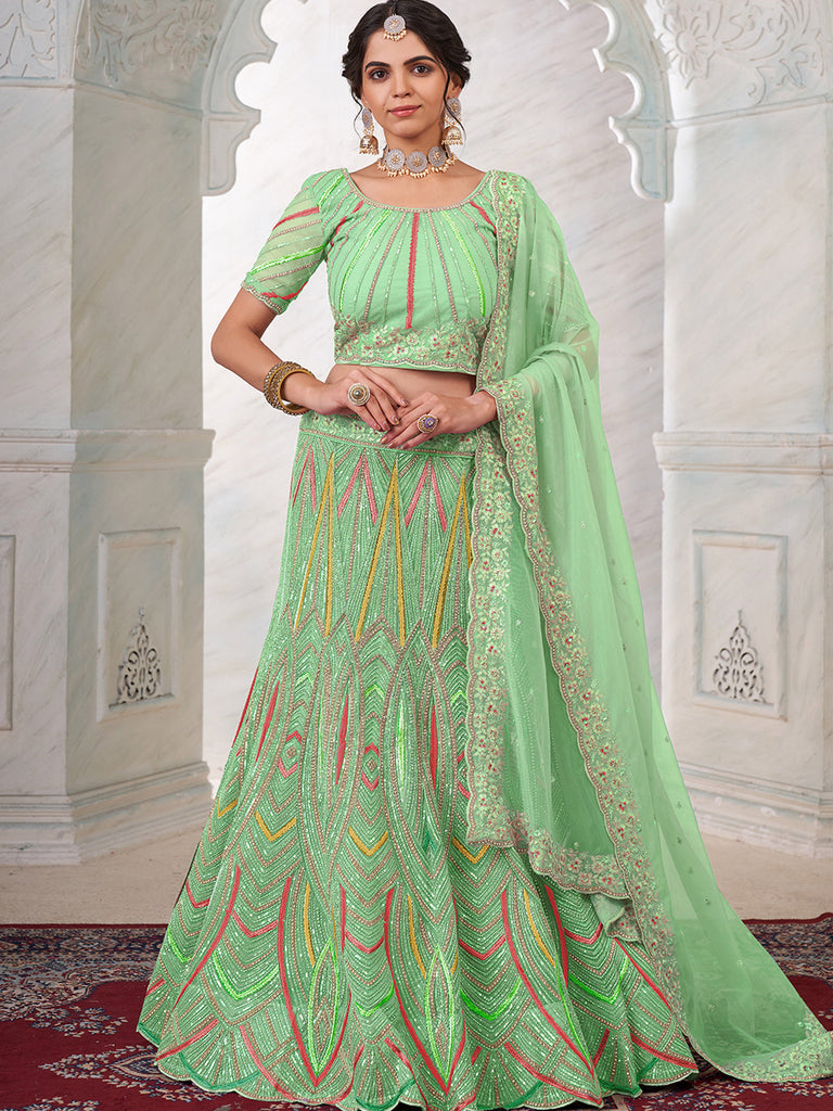 Women's Green Net Semi stitched Lehenga With Unstitched Blouse Clothsvilla