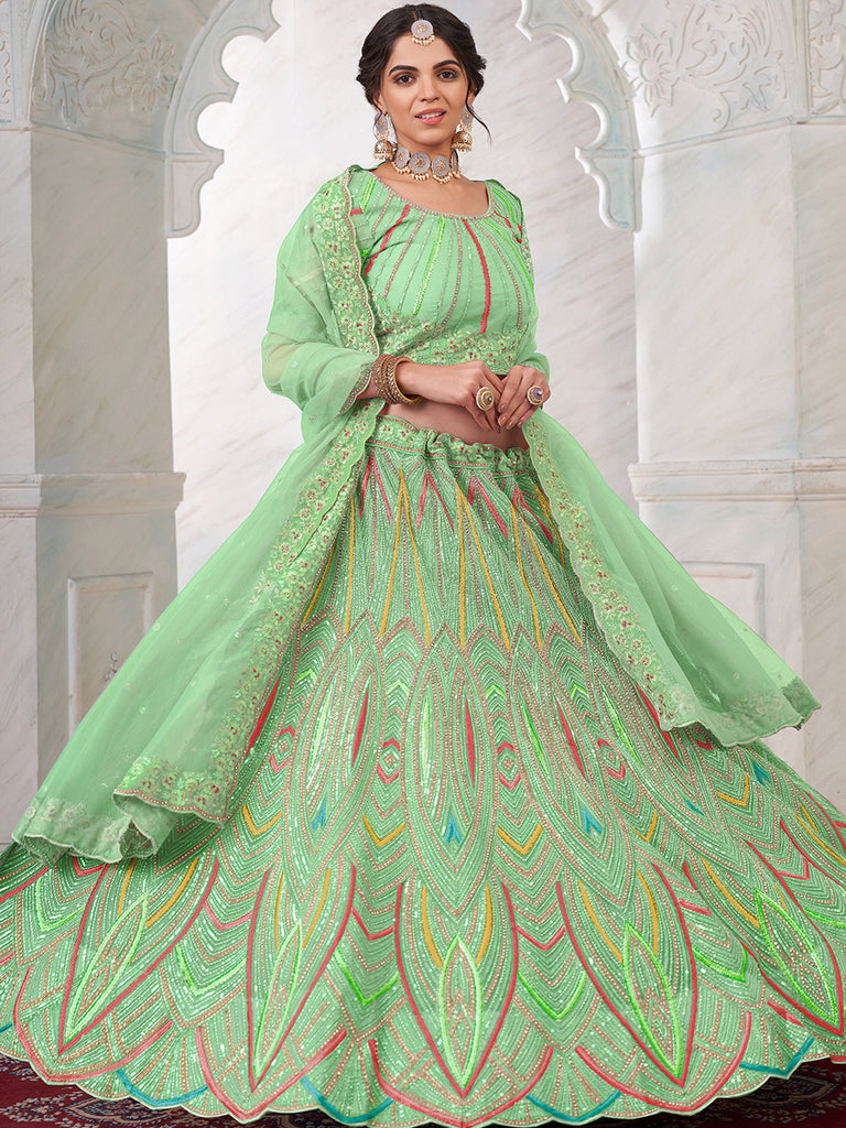 Women's Green Net Semi stitched Lehenga With Unstitched Blouse Clothsvilla