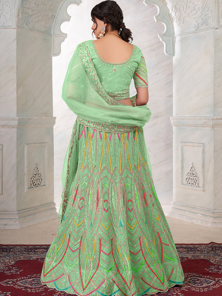 Women's Green Net Semi stitched Lehenga With Unstitched Blouse Clothsvilla