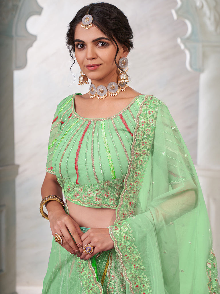 Women's Green Net Semi stitched Lehenga With Unstitched Blouse Clothsvilla