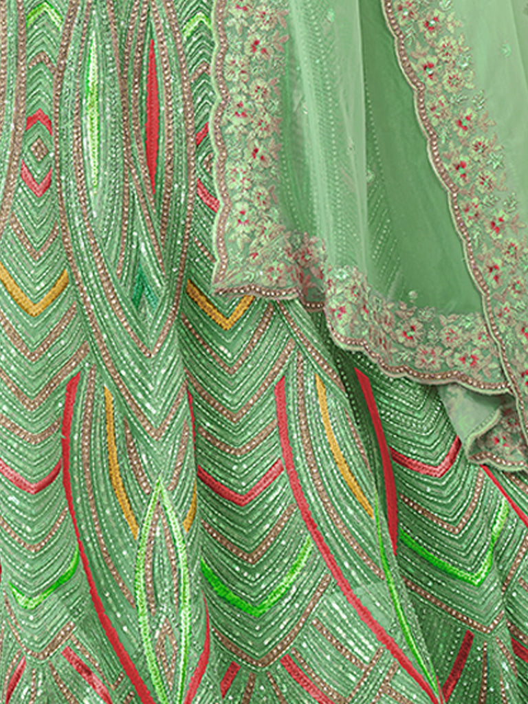 Women's Green Net Semi stitched Lehenga With Unstitched Blouse Clothsvilla