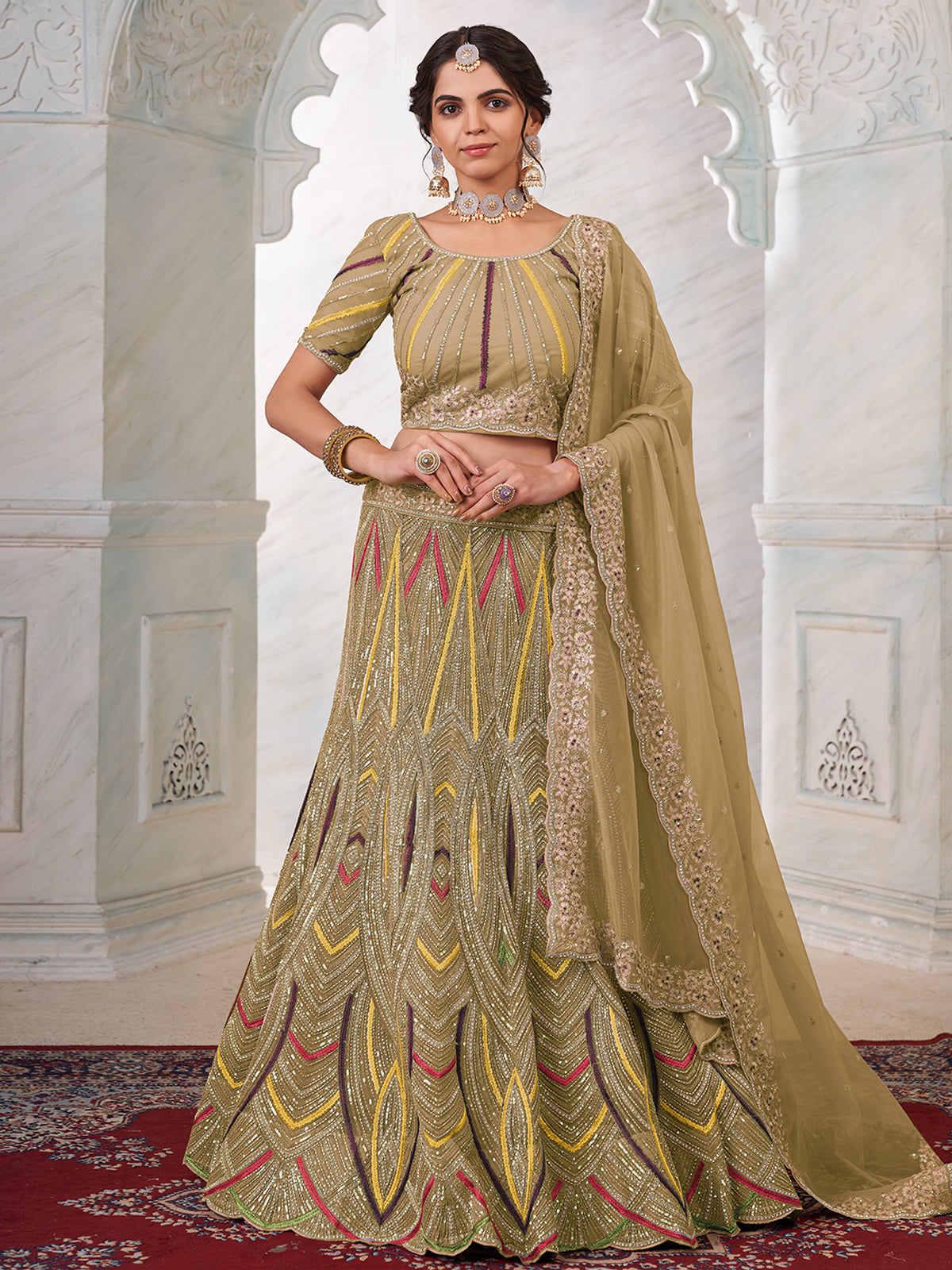 Women's Olive Net Semi stitched Lehenga With Unstitched Blouse Clothsvilla Main image
