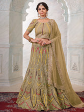 Load image into Gallery viewer, Women&#39;s Olive Net Semi stitched Lehenga With Unstitched Blouse Clothsvilla