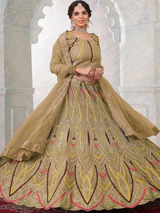 Women's Olive Net Semi stitched Lehenga With Unstitched Blouse Clothsvilla