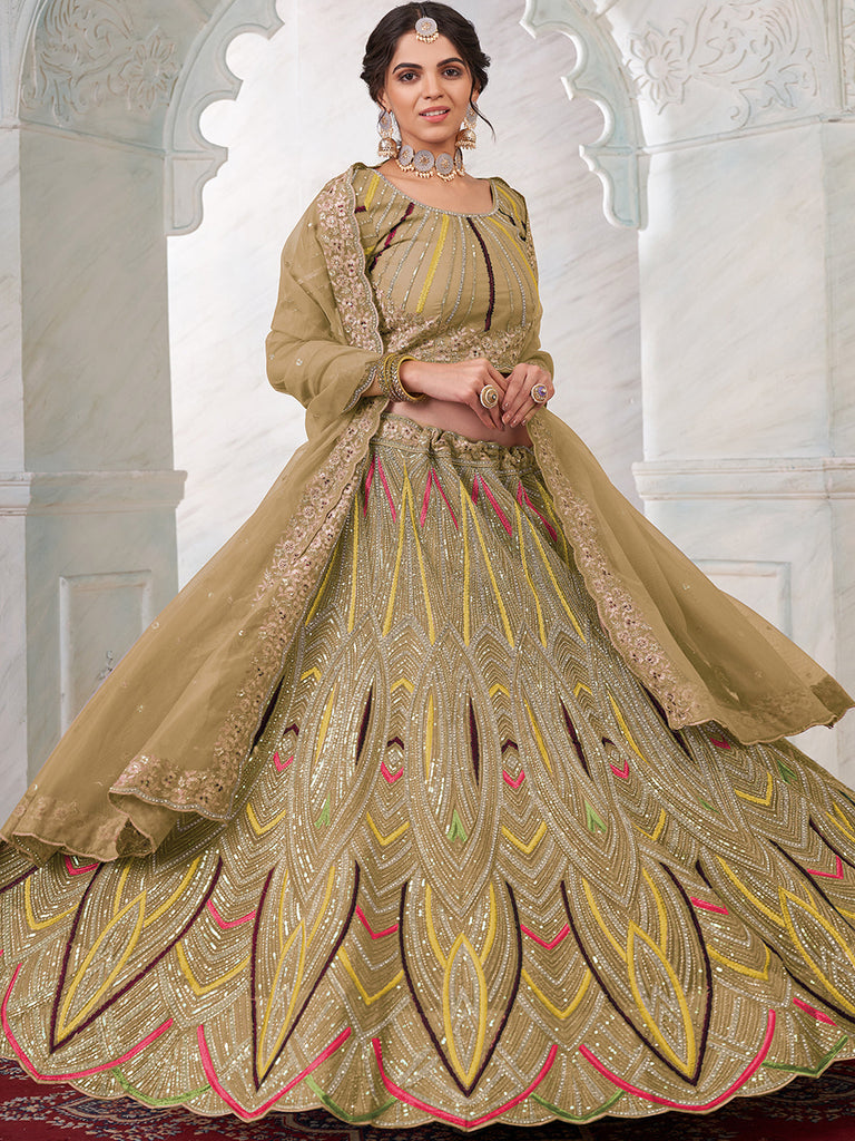 Women's Olive Net Semi stitched Lehenga With Unstitched Blouse Clothsvilla