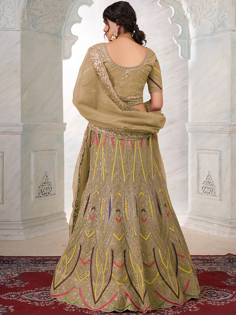 Women's Olive Net Semi stitched Lehenga With Unstitched Blouse Clothsvilla