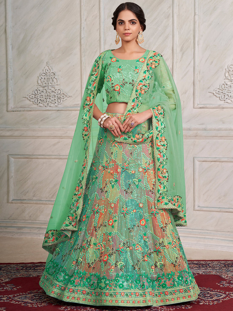 Women's Green Net Semi stitched Lehenga With Unstitched Blouse Clothsvilla