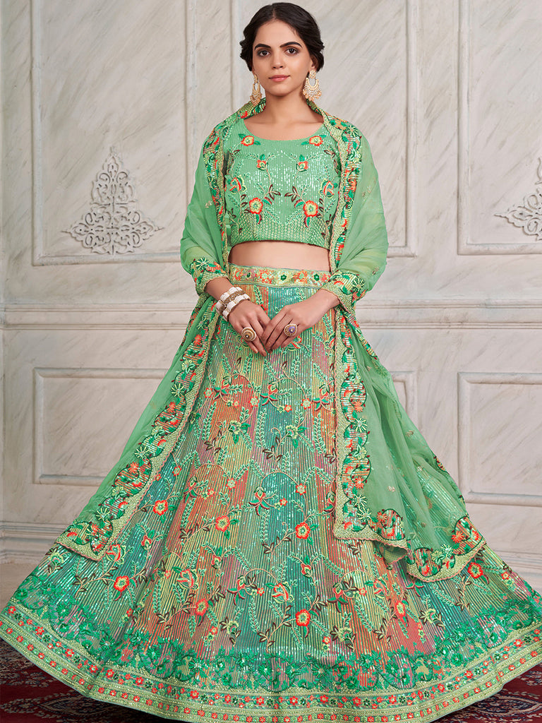 Women's Green Net Semi stitched Lehenga With Unstitched Blouse Clothsvilla