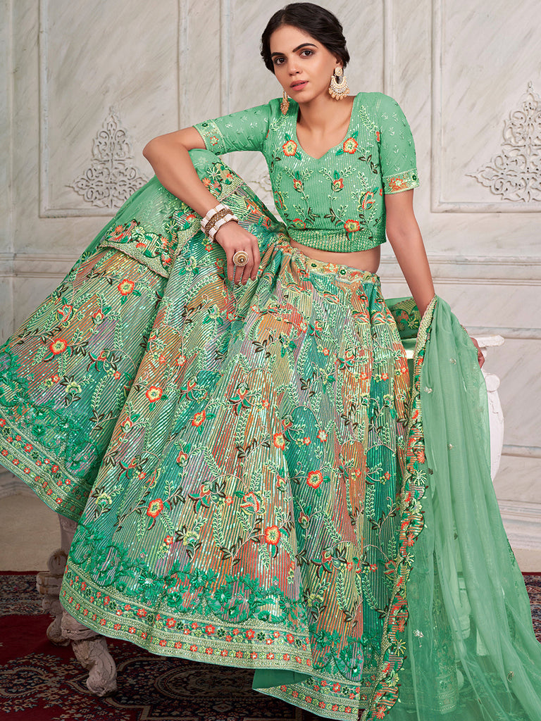 Women's Green Net Semi stitched Lehenga With Unstitched Blouse Clothsvilla