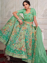 Load image into Gallery viewer, Women&#39;s Green Net Semi stitched Lehenga With Unstitched Blouse Clothsvilla