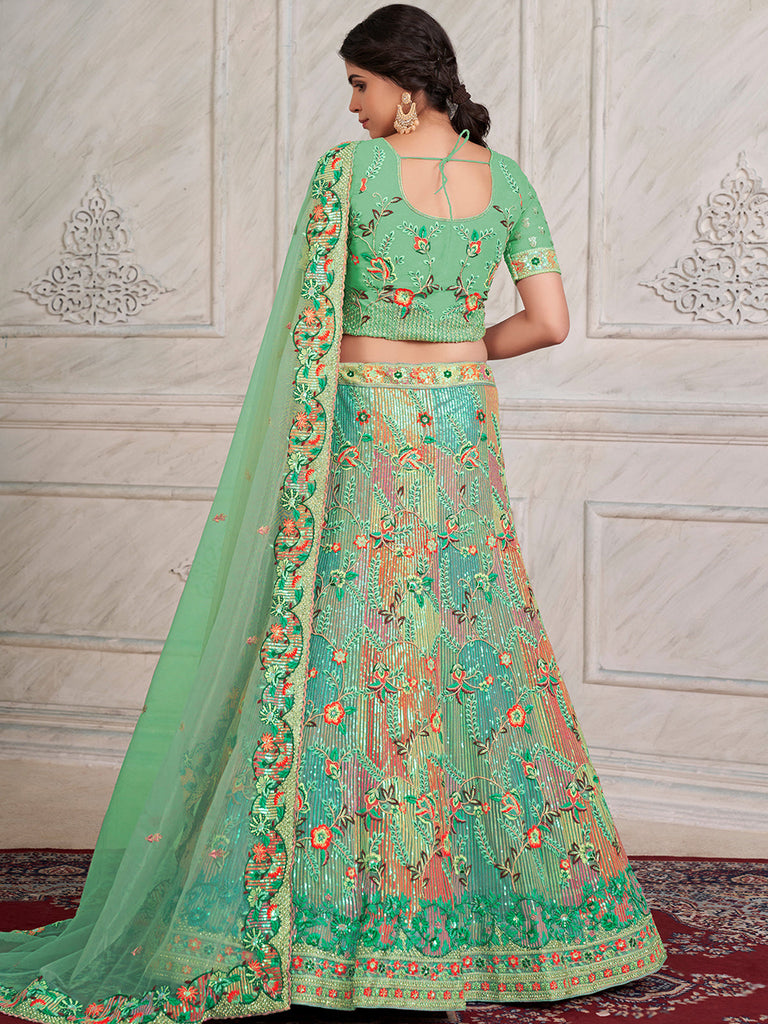 Women's Green Net Semi stitched Lehenga With Unstitched Blouse Clothsvilla