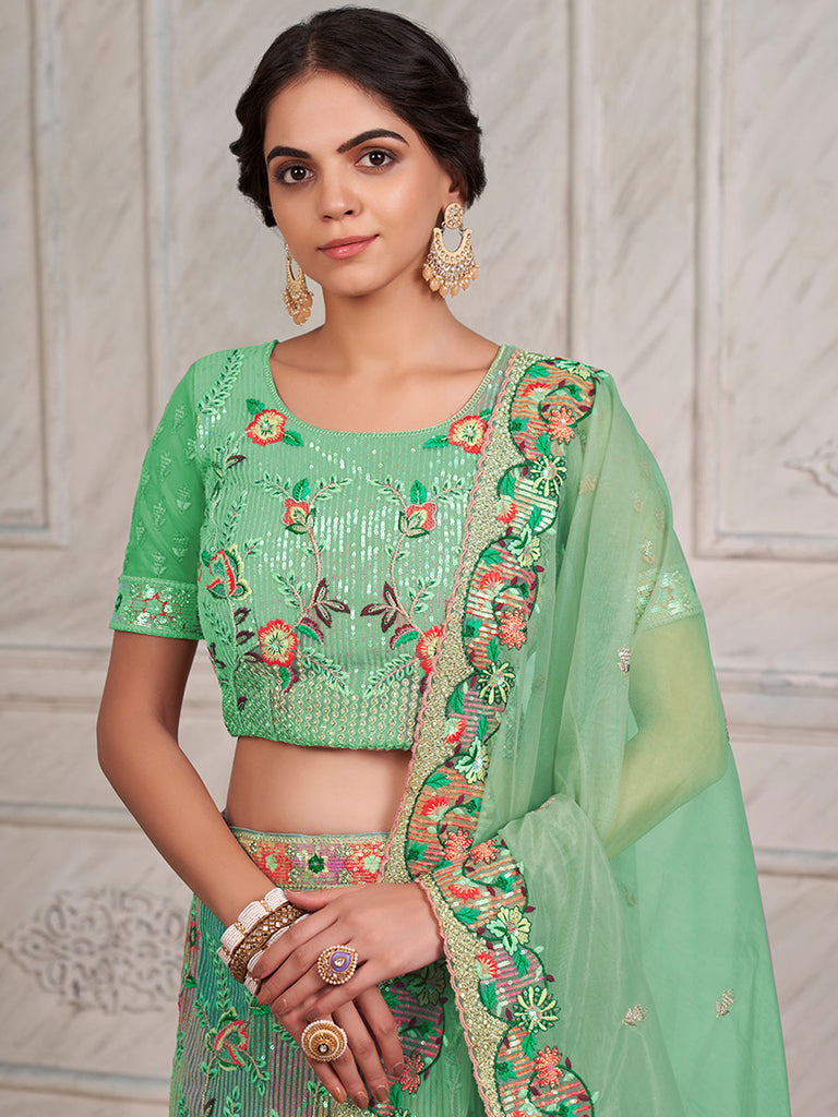 Women's Green Net Semi stitched Lehenga With Unstitched Blouse Clothsvilla