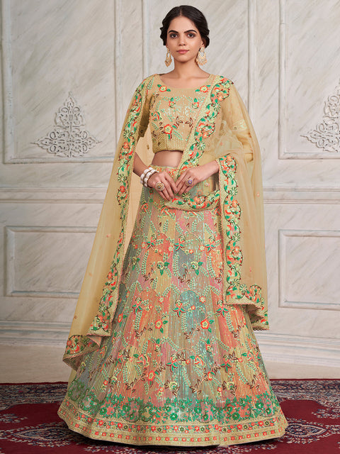 Women's Beige Net Semi stitched Lehenga With Unstitched Blouse Clothsvilla Main image