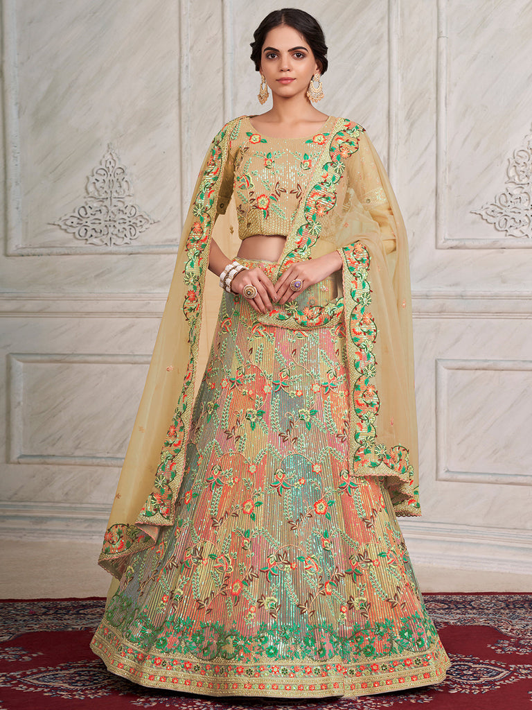 Women's Beige Net Semi stitched Lehenga With Unstitched Blouse Clothsvilla