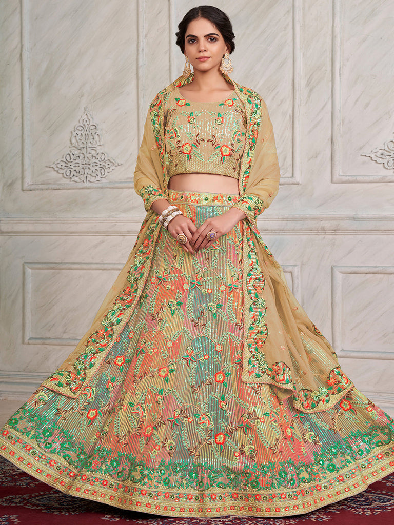 Women's Beige Net Semi stitched Lehenga With Unstitched Blouse Clothsvilla