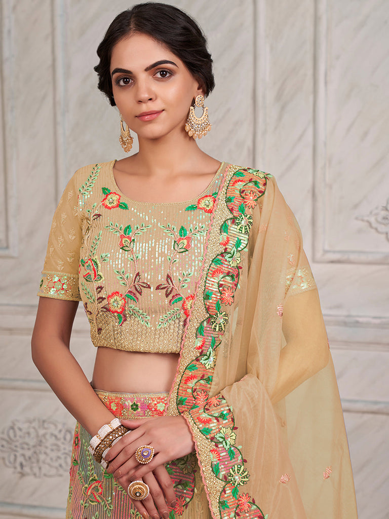 Women's Beige Net Semi stitched Lehenga With Unstitched Blouse Clothsvilla