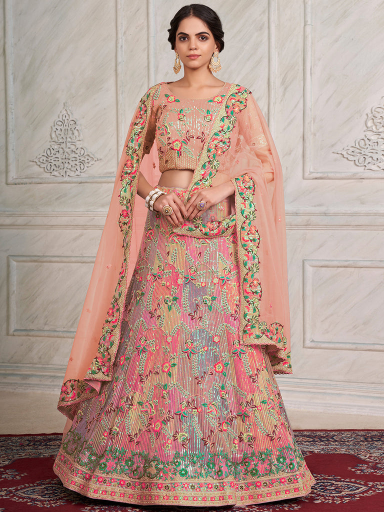 Women's Pink Net Semi stitched Lehenga With Unstitched Blouse Clothsvilla