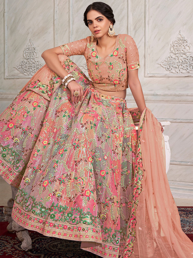 Women's Pink Net Semi stitched Lehenga With Unstitched Blouse Clothsvilla