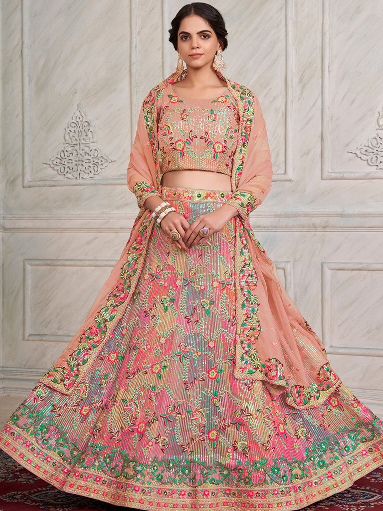 Women's Pink Net Semi stitched Lehenga With Unstitched Blouse Clothsvilla