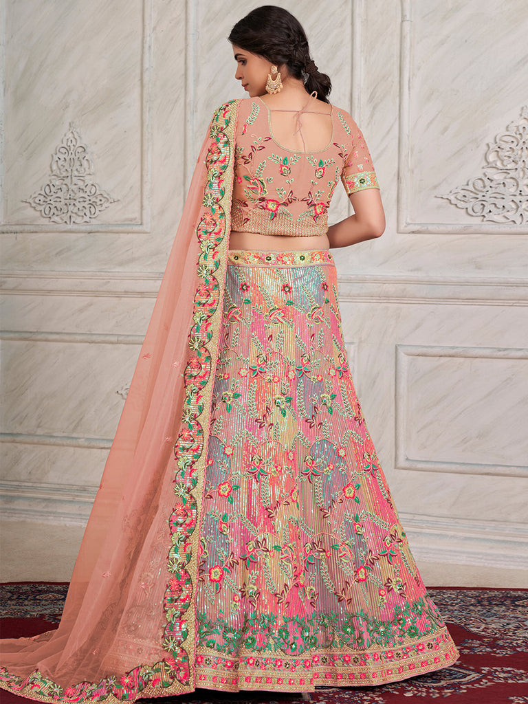 Women's Pink Net Semi stitched Lehenga With Unstitched Blouse Clothsvilla