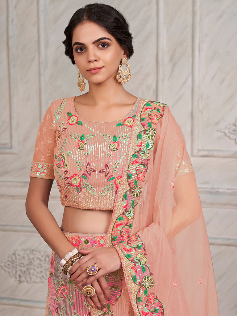 Women's Pink Net Semi stitched Lehenga With Unstitched Blouse Clothsvilla