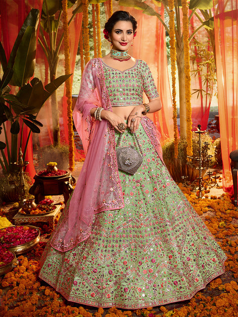 Green Sequins  Sassy Semi Stitched Lehenga With  Unstitched Blouse Clothsvilla Main image
