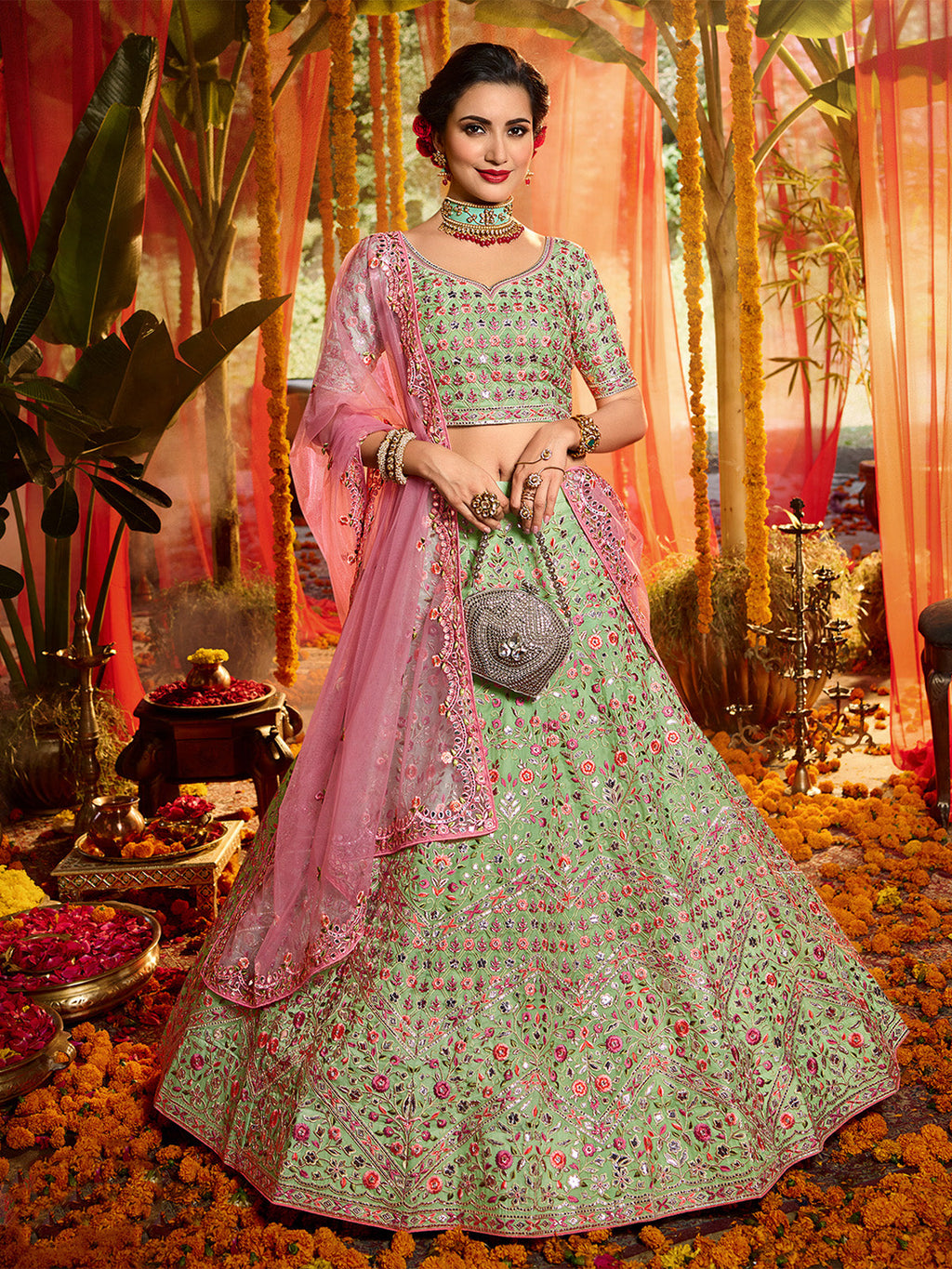 Green Sequins  Sassy Semi Stitched Lehenga With  Unstitched Blouse Clothsvilla
