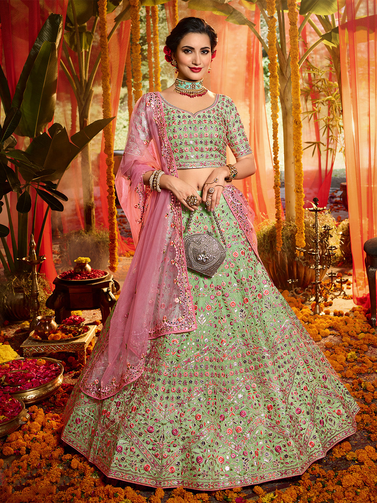 Green Sequins  Sassy Semi Stitched Lehenga With  Unstitched Blouse Clothsvilla