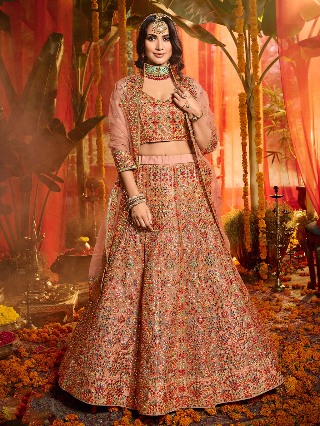 Peach  Soft Net Seqins Semi Stitched Lehenga With  Unstitched Blouse Clothsvilla