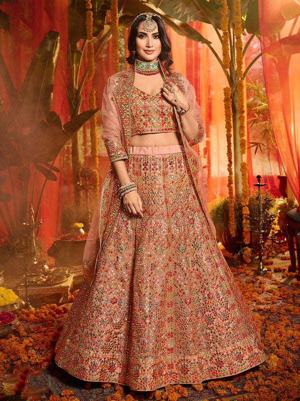 Peach  Soft Net Seqins Semi Stitched Lehenga With  Unstitched Blouse Clothsvilla