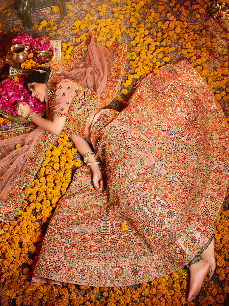 Peach  Soft Net Seqins Semi Stitched Lehenga With  Unstitched Blouse Clothsvilla