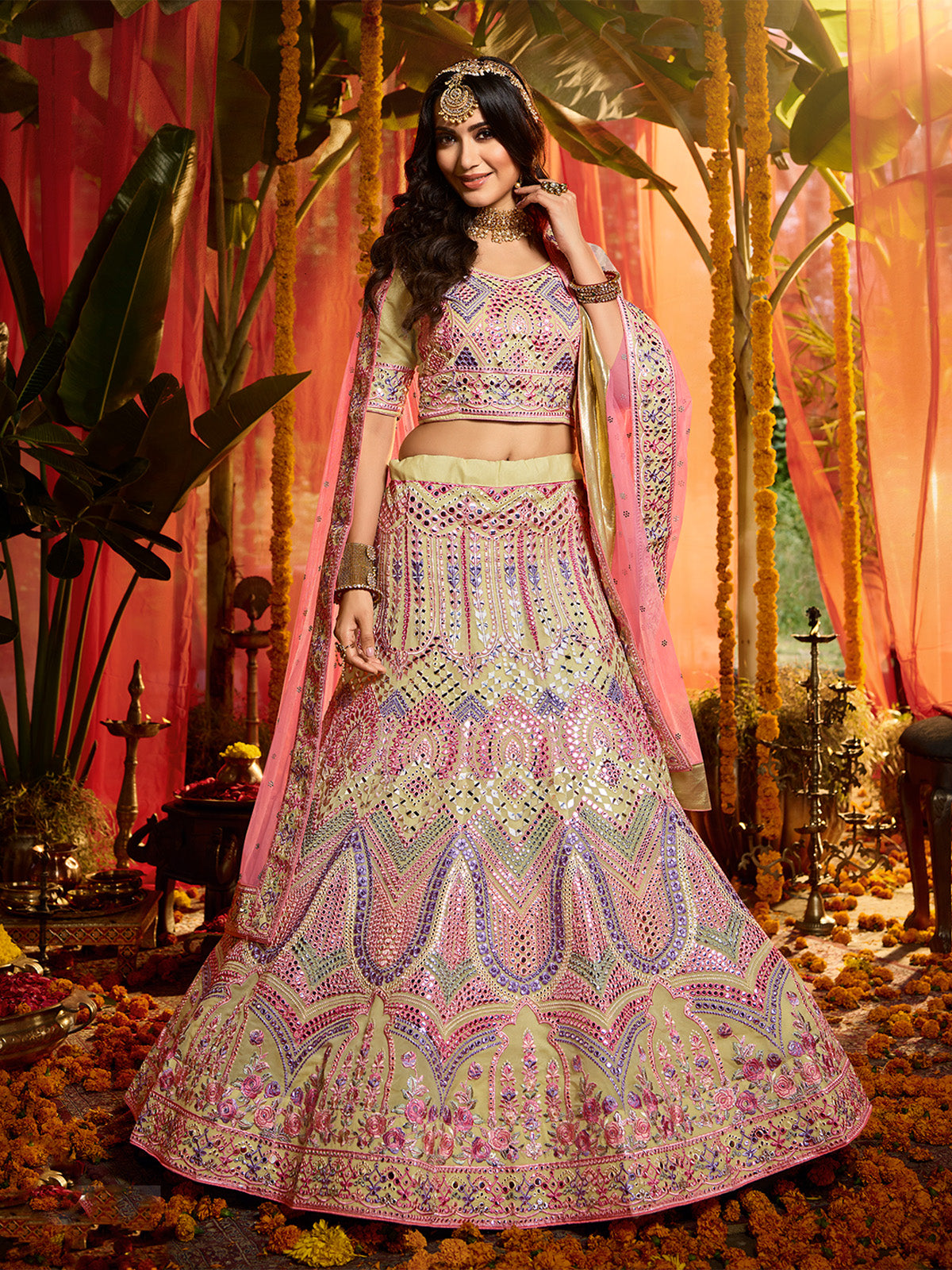 Green Sequins  Sassy Semi Stitched Lehenga With  Unstitched Blouse Clothsvilla