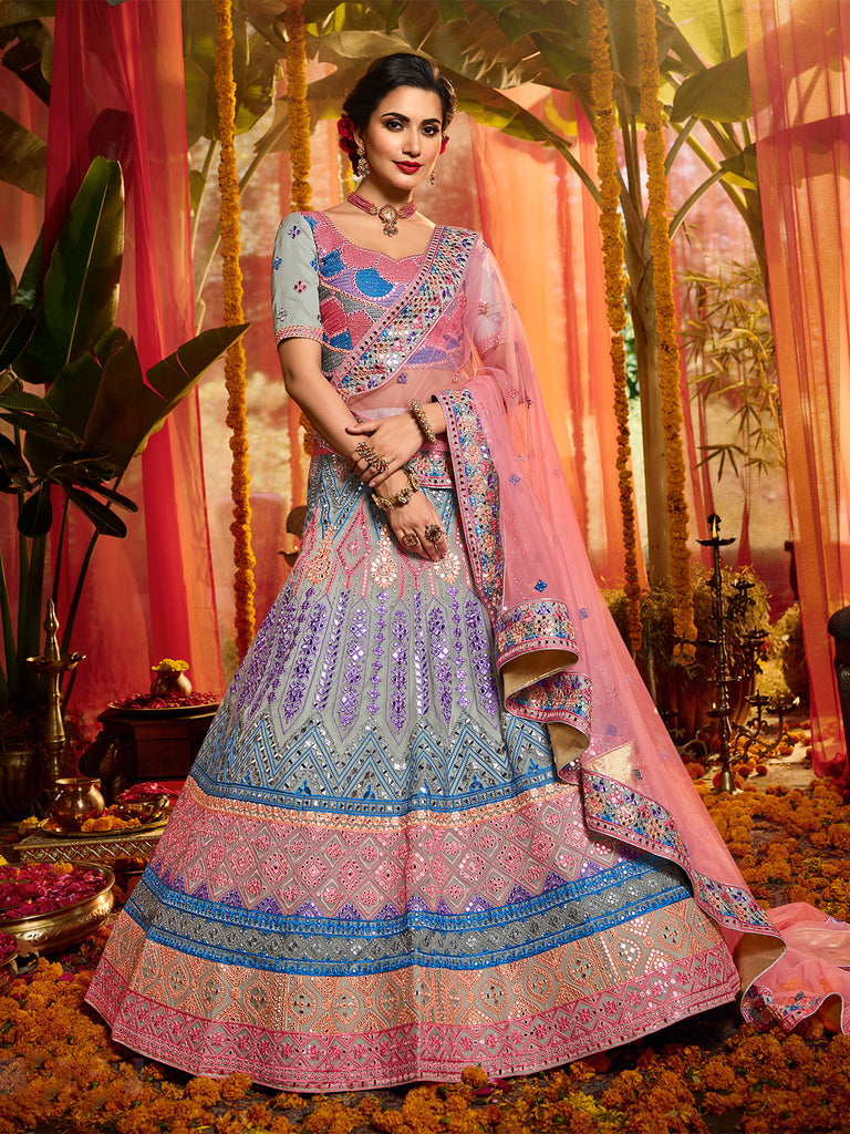 Multicolor Pure Organza With Mirror Semi Stitched Lehenga With  Unstitched Blouse Clothsvilla