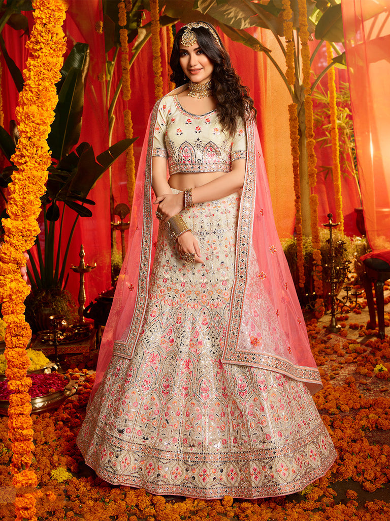 Elegant Off White Semi Stitched Lehenga With  Unstitched Blouse Clothsvilla