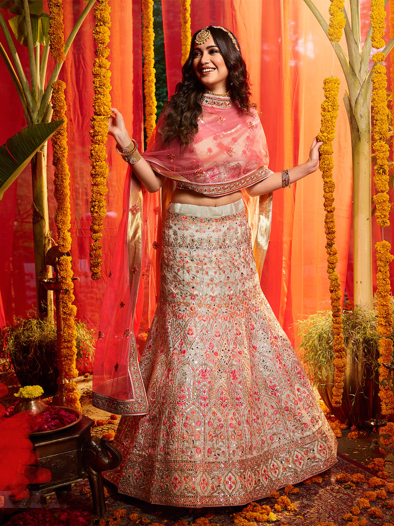 Elegant Off White Semi Stitched Lehenga With  Unstitched Blouse Clothsvilla