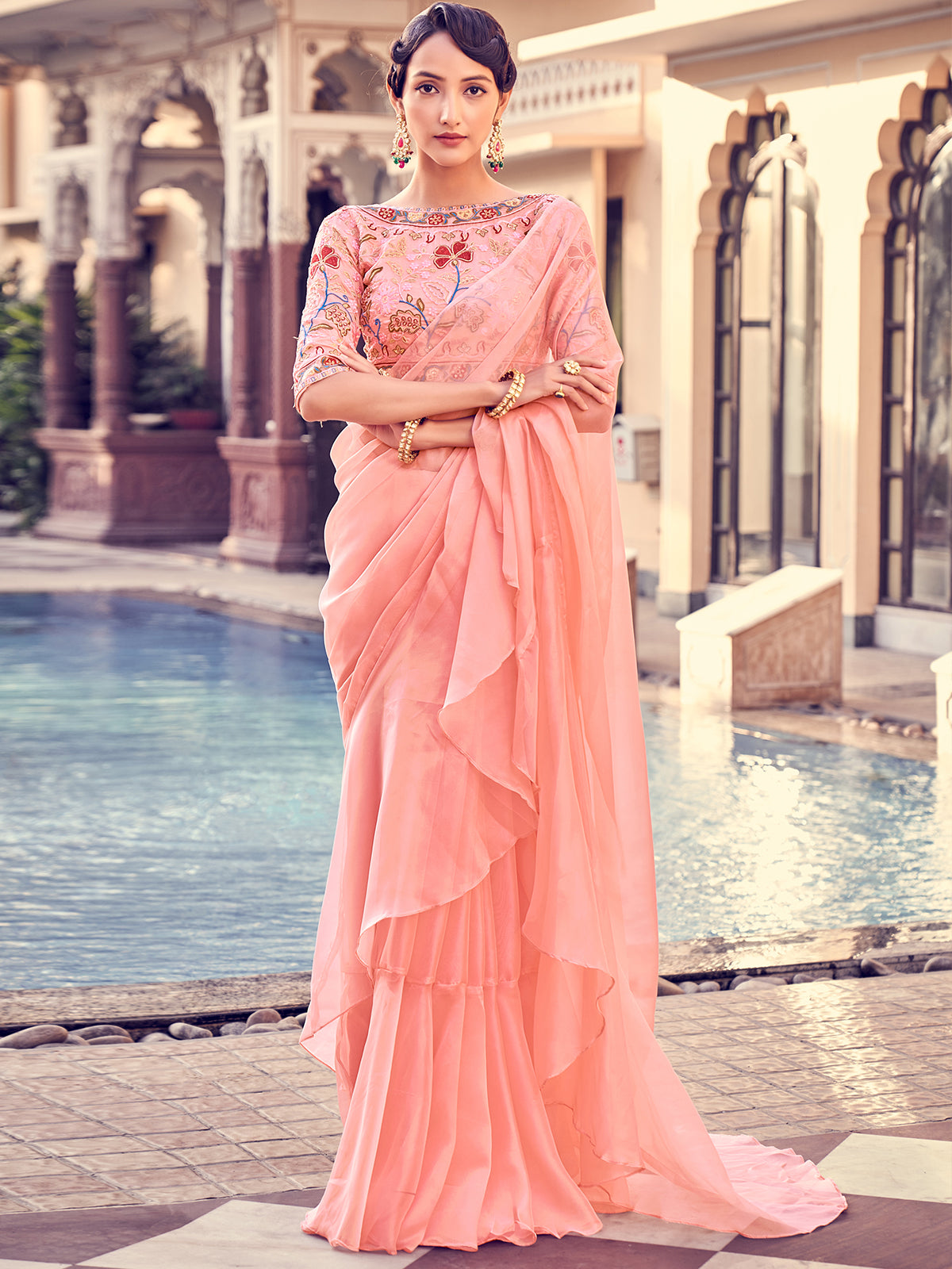 Peach Organza Solid Saree With Blouse Piece Clothsvilla Main image