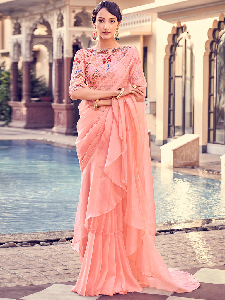 Peach Organza Solid Saree With Blouse Piece Clothsvilla