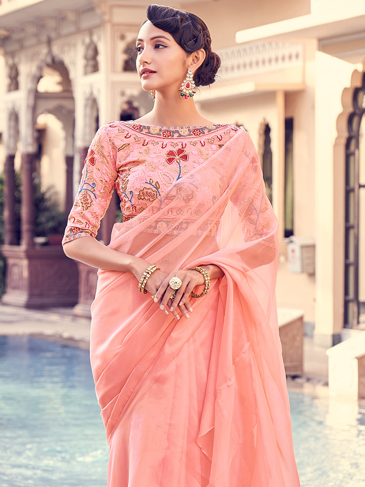 Peach Organza Solid Saree With Blouse Piece Clothsvilla