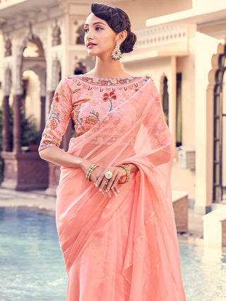 Peach Organza Solid Saree With Blouse Piece Clothsvilla