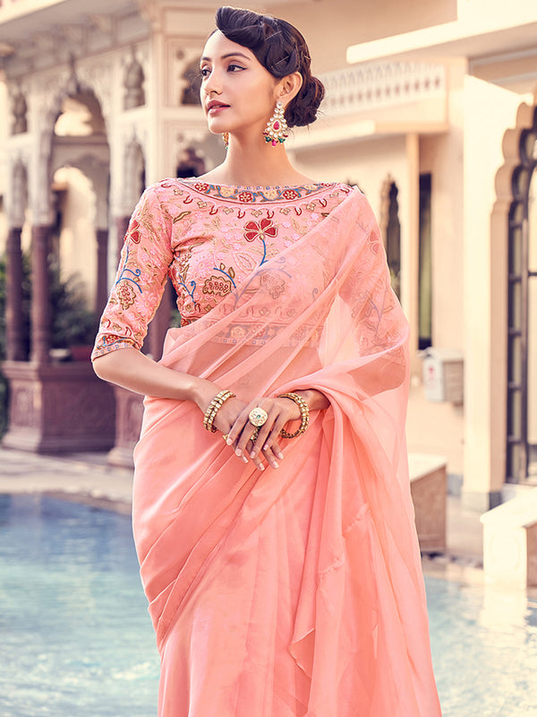 Peach Organza Solid Saree With Blouse Piece Clothsvilla