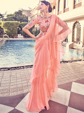 Load image into Gallery viewer, Peach Organza Solid Saree With Blouse Piece Clothsvilla