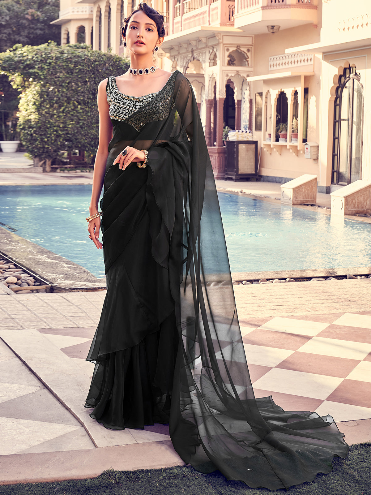 Black Organza Solid Saree With Blouse Piece Clothsvilla Main image