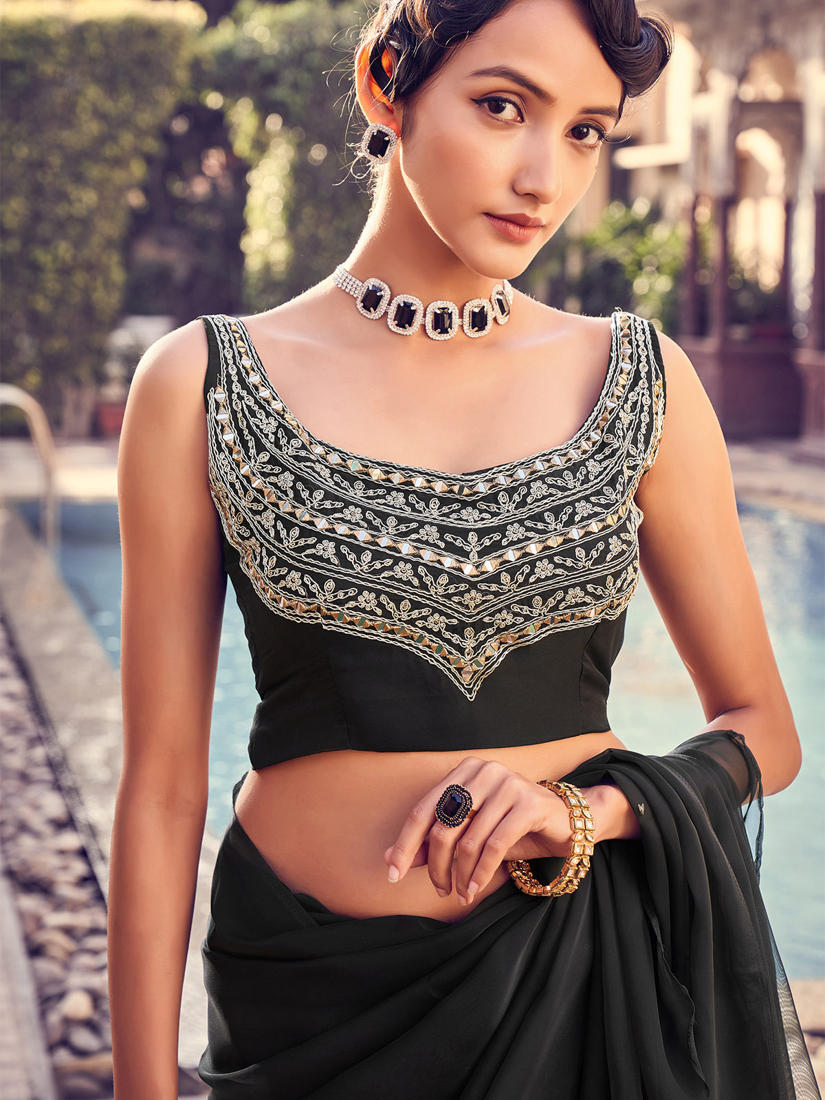 Black Organza Solid Saree With Blouse Piece Clothsvilla