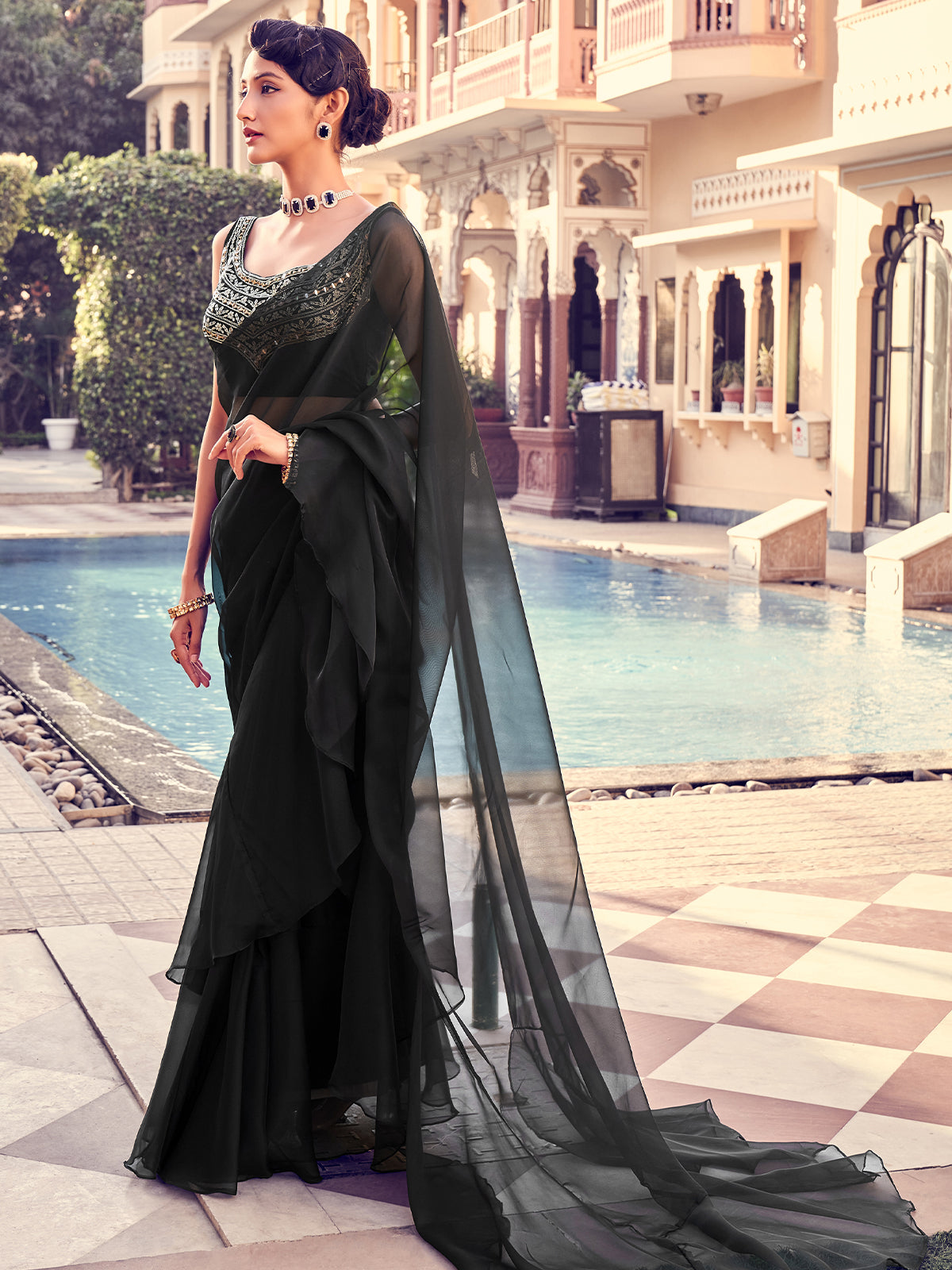 Black Organza Solid Saree With Blouse Piece Secondary image