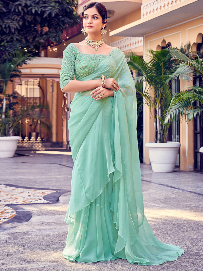 Sea Green Organza Solid Saree With Blouse Piece Clothsvilla