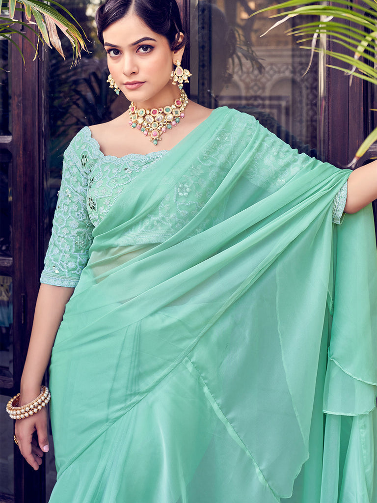 Sea Green Organza Solid Saree With Blouse Piece Clothsvilla