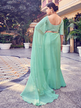 Load image into Gallery viewer, Sea Green Organza Solid Saree With Blouse Piece Clothsvilla